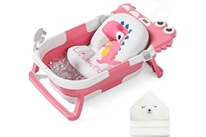MoreFeel Collapsible Baby Bathtub for Newborn with Thermometer & 1 Hooded Towel & 1 Soft Floating Cushion,Portable Travel Bathtub with Drain Hole, Durable Foldable Baby Tubs for Infants to Toddler