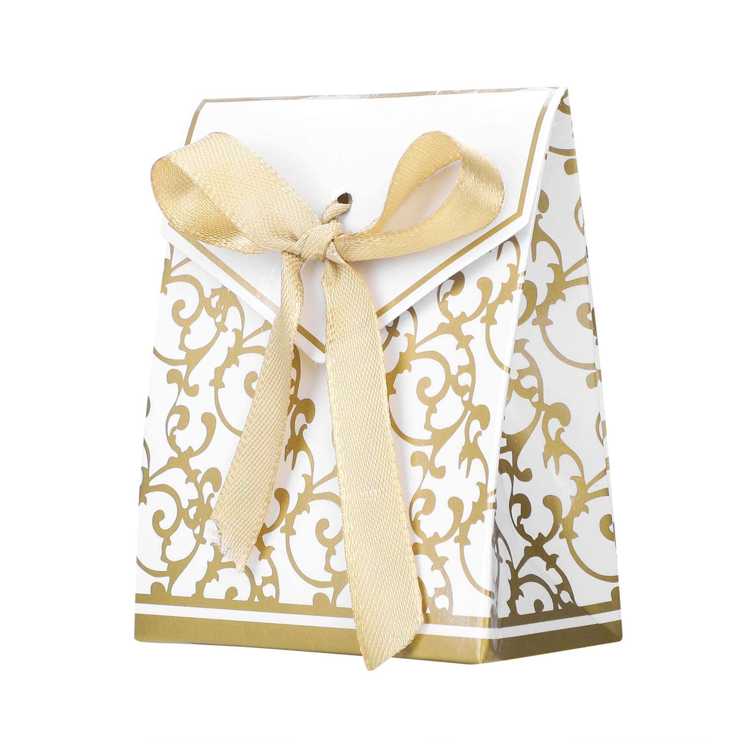 50 Pack Candy Chocolate Bags Gift Boxed with Ribbons Cube Small Golden European Favor Box for Wedding Birthday Party Bridal Shower Decoration Supplies 2.6 x 1.4 x 3.3"