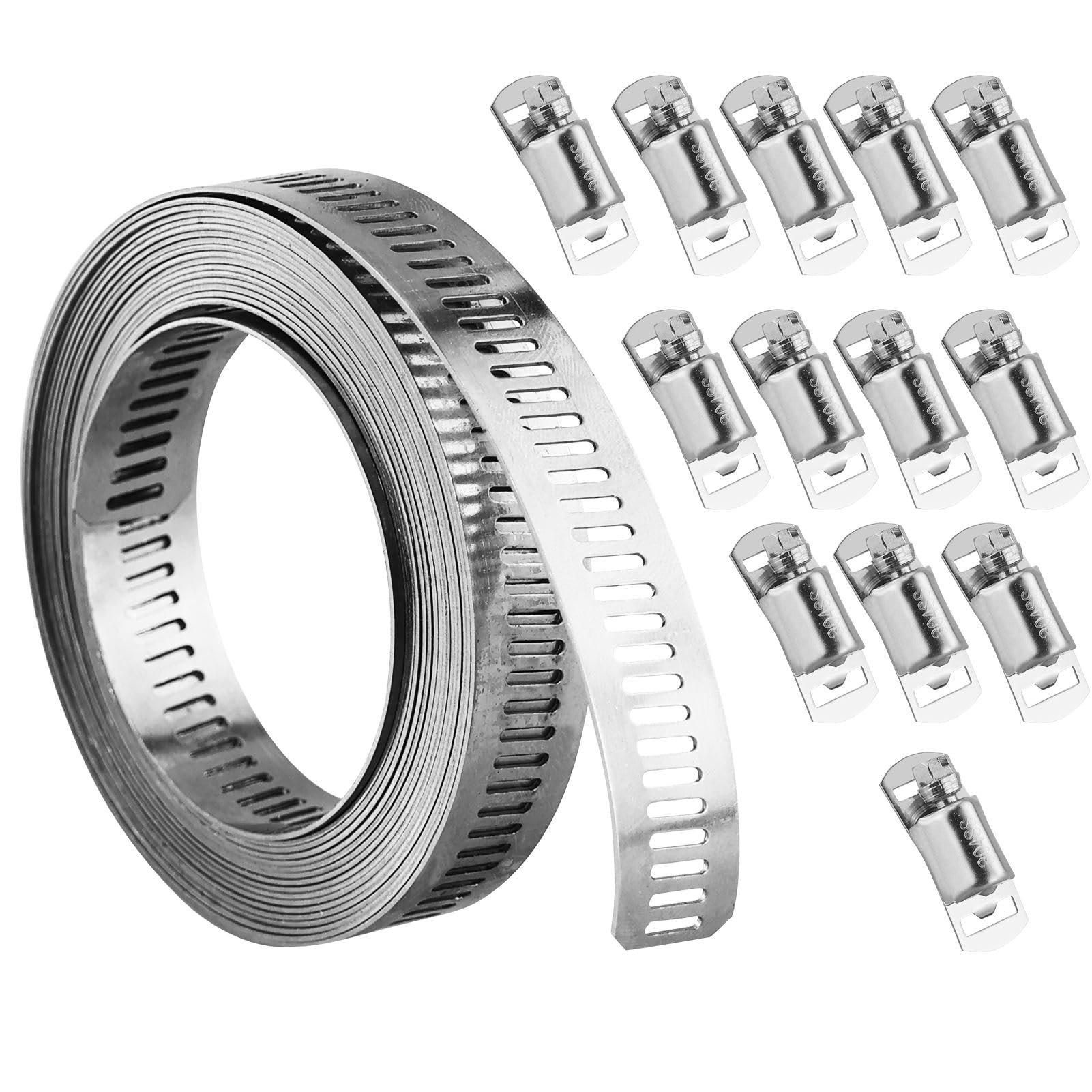 Hose Clamp Kit DIY 11.5 Feet Metal Strap + 18 Stronger Fasteners Large Adjustable Clamp Worm, Gear Band Hose Clamps Screw Clamps Duct Pipe Metal Clamp Strapping for Pipe, Plumbing, Tube