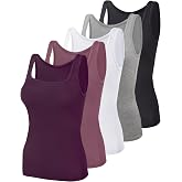 BQTQ 5 Pcs Women's Square Neck Tank Tops Sleeveless Undershirt Basic Tanks | Square Neck Undershirts for Women, Slim Fit and Stretchy Summer Tank Tops Ribbed Sleeveless Layering Tank Top