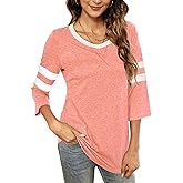 HOCOSIT Women's 3/4 Sleeve V Neck Henley Color Block TShirts Summer Baseball Tunic Tops Boyfriend Blouse