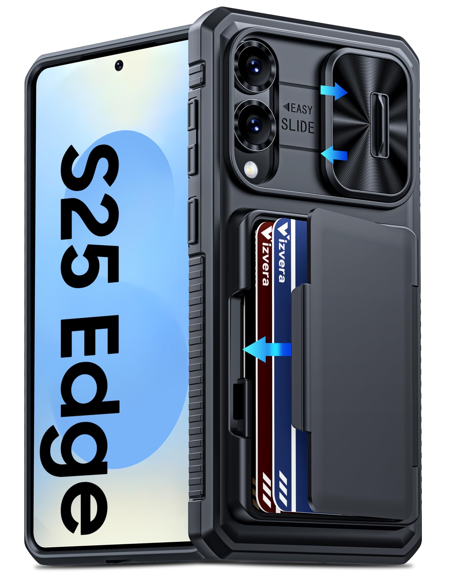 Vizvera for Galaxy S25 Edge Case Wallet RFID [Cards Holder][Camera Cover][Slim] Full Body Shockproof Silicone Protective Phone Case for Galaxy S25 Edge 6.7" 2025(Black)