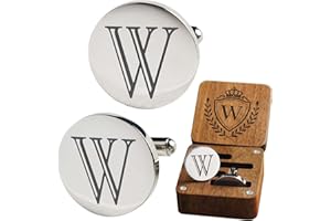 SEEMDANTEN Mens Classic Initial Cuff links A-Z Alphabet 26 Letters Stainless Steel Silver CuffLinks with Engraved Walnut Wood Gift Box Business Wedding Set