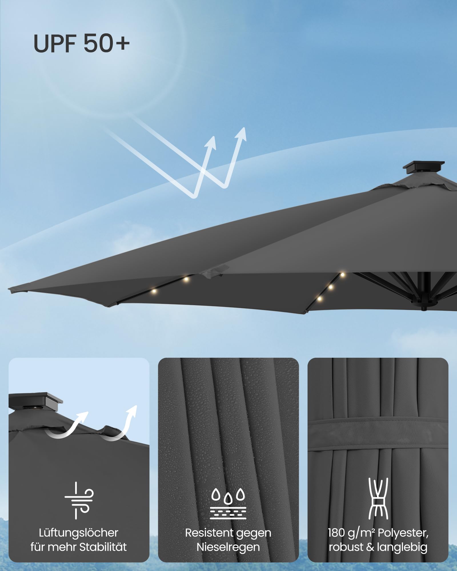 SONGMICS Sonnenschirm, Ampelschirm, 300 cm, 28 Solar-LED-Leuchten, UPF 50+, Gartenschirm, um 360° drehbar, Neigungswinkel stufenlos verstellbar, mit Kurbel, Kreuzfuß, grau GPU047G02 5