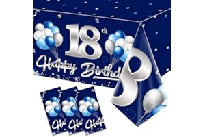 Turypaty 3 Pack Blue Silver 18th Birthday Tablecloth Decorations for Boy, Navy Blue Happy 18 Table Cover Party Supplies, Eighteen Years Old Birthday Disposable Rectangular Table Cloths
