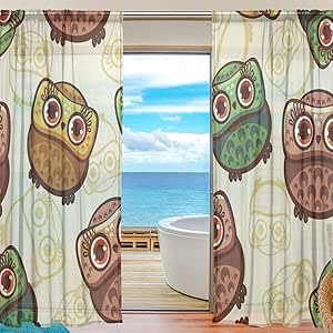 Cortinas transparentes-Búho de dibujos animados Cute-2 paneles, W55 x