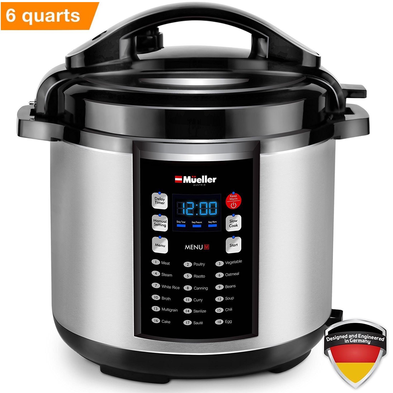 Mueller 10-in1 Pro Series 18 Smart Program Pressure Cooker | German ThermaV Even Heat Technology | 6Q/1000W Slow Cooker | Rice Cooker, Yogurt Maker, Cake Maker, Egg Cooker, Sauté, Steamer, Warmer