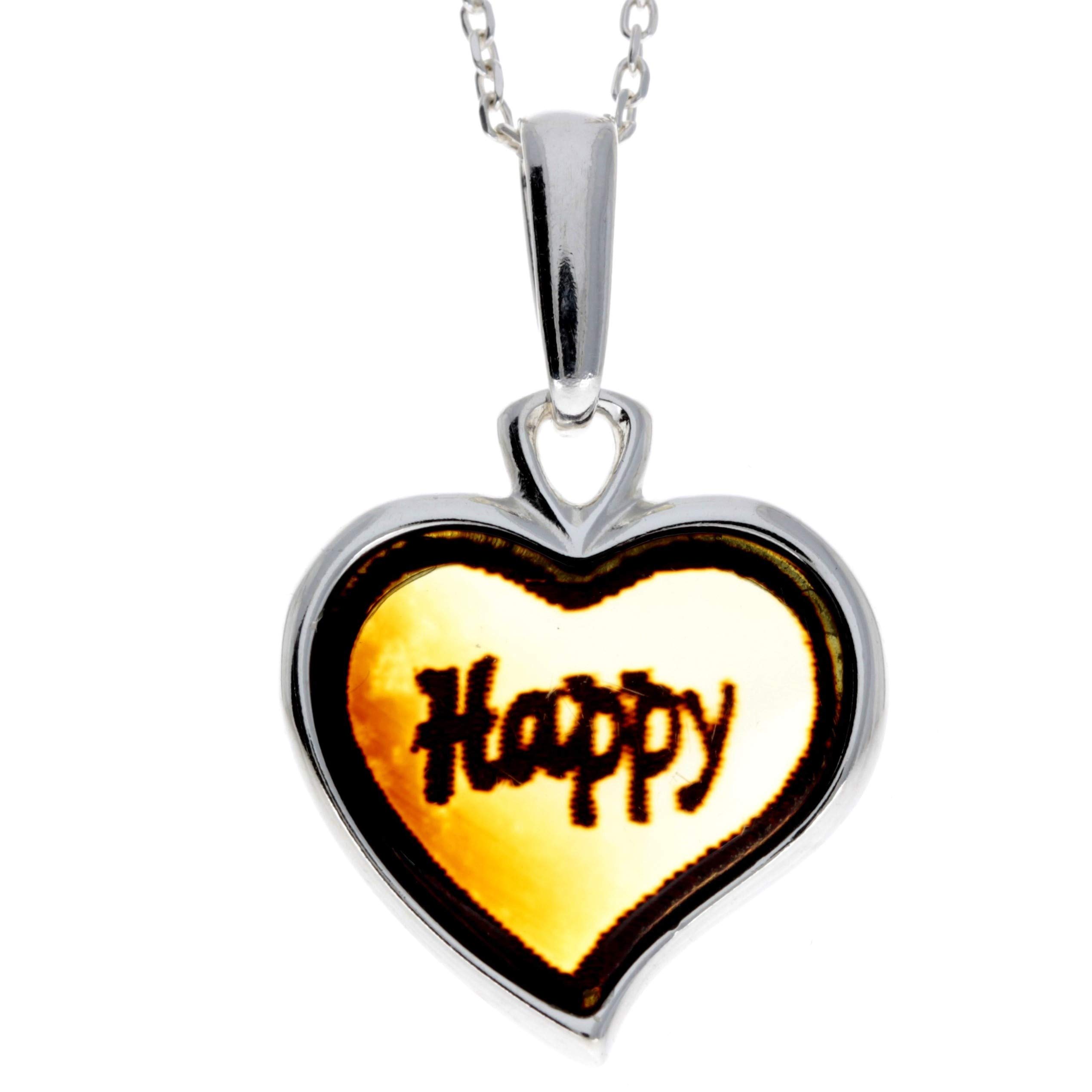 Classic Genuine Heart Happy Engraved Baltic Amber & Sterling Silver Pendant without Chain - AF205H