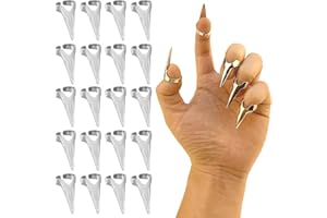 ONEUPIN 20Pcs Finger Claws Cosplay Claws Rings Adjustable Open Claw Rings Full Finger Set Metal Nail Punk Rock Fingertip Braiding Hair Parting Tool for Holiday Party Decoration Unisex Adult Kids（Silver）