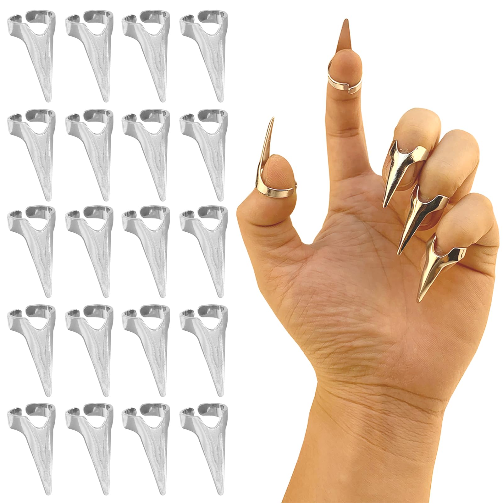 Photo 1 of 20Pcs Finger Claws Cosplay Claws Rings Adjustable Open Claw Rings Full Finger Set Metal Nail Punk Rock Fingertip Braiding Hair Parting Tool for Holiday Party Decoration Unisex?Silver?