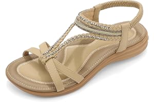 UBFEN Womens Bohemian Flat Sandals With Back Strap Summer Beach Comfortable Bling