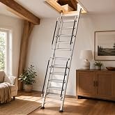 Foldable Aluminum Loft Stairs Ladders, 11 Step Folding Attic Egress Ladder with Handrails, Portable Bunk Bed Ladder, Metal Anti-Slip Access Attic Stair, Climb Step Ladder for Dorm RV Home