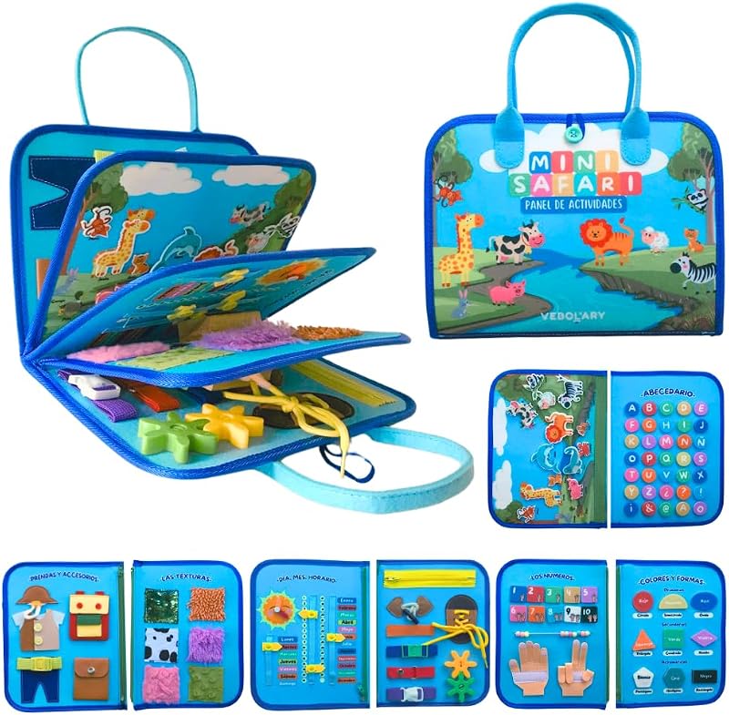 Tabuleiro Ocupado Montessori EM ESPANHOL – 3, 4 e 5 anos, Brinquedo de Viagem Portátil Educativo Sensorial Motricidade Fina e Aprendizagem, Livro de feltro Montessori, Presente para Raparigas e Rapazes