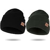 KIEPTOMIK 2pcs Merino Wool Warm Beanie Hats Winter Cuffed Ribbed Knit Beanie Hat for Men Women Toboggan Cap
