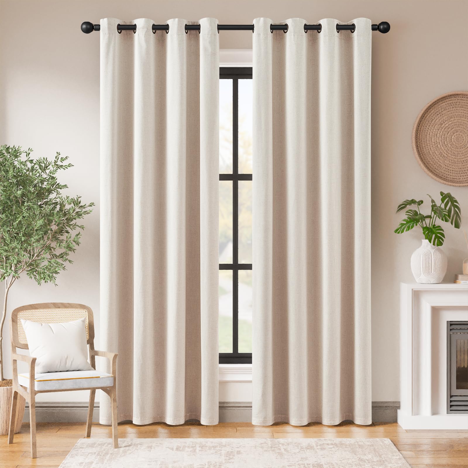 Photo 1 of jinchan Linen Blackout Curtains for Bedroom 90 inch Curtains for Living Room Window Treatments 2 Panels Set Full Light Blocking Drapes Thermal Insulated Beige Grommet Drapes 50" W x 90" L