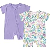 Teach Leanbh Unisex 2 Pack Bamboo Viscose Pajamas 2 Way Zipper Short Sleeve Printed Romper Jumpsuit Sleep and Play