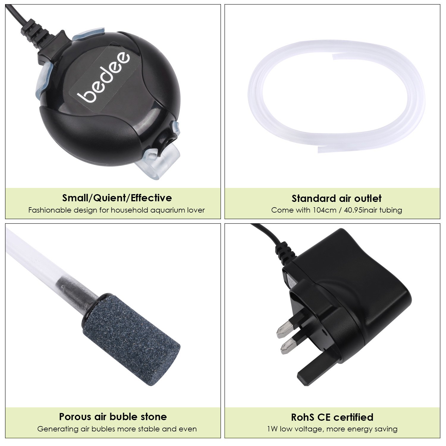 Bedee Air Pump, Aquarium Air Pump Fish Tank Air Pump Oxygen Supply Silent Mini 1W 0.45L/Min with Tubing Air Pump Accessories/Air Bubble Stone For Fish Tank Up to 50 Litre