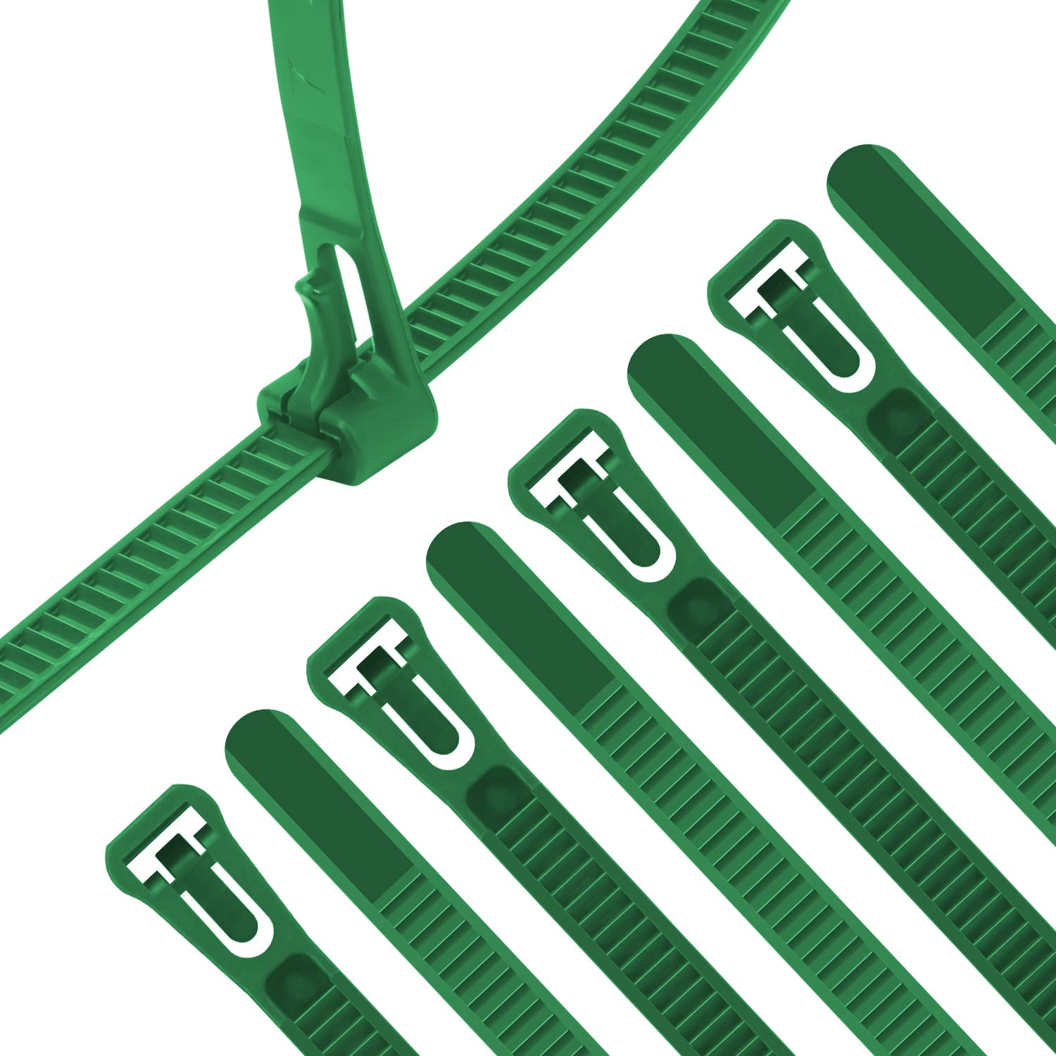 XINGO 100PCS Reusable Cable Ties Green, 300mm x 7.6mm, Releasable Adjustable Wire Cable Ties, Multi-Purpose Use Plastic Tie Wire for Indoor and Outdoor