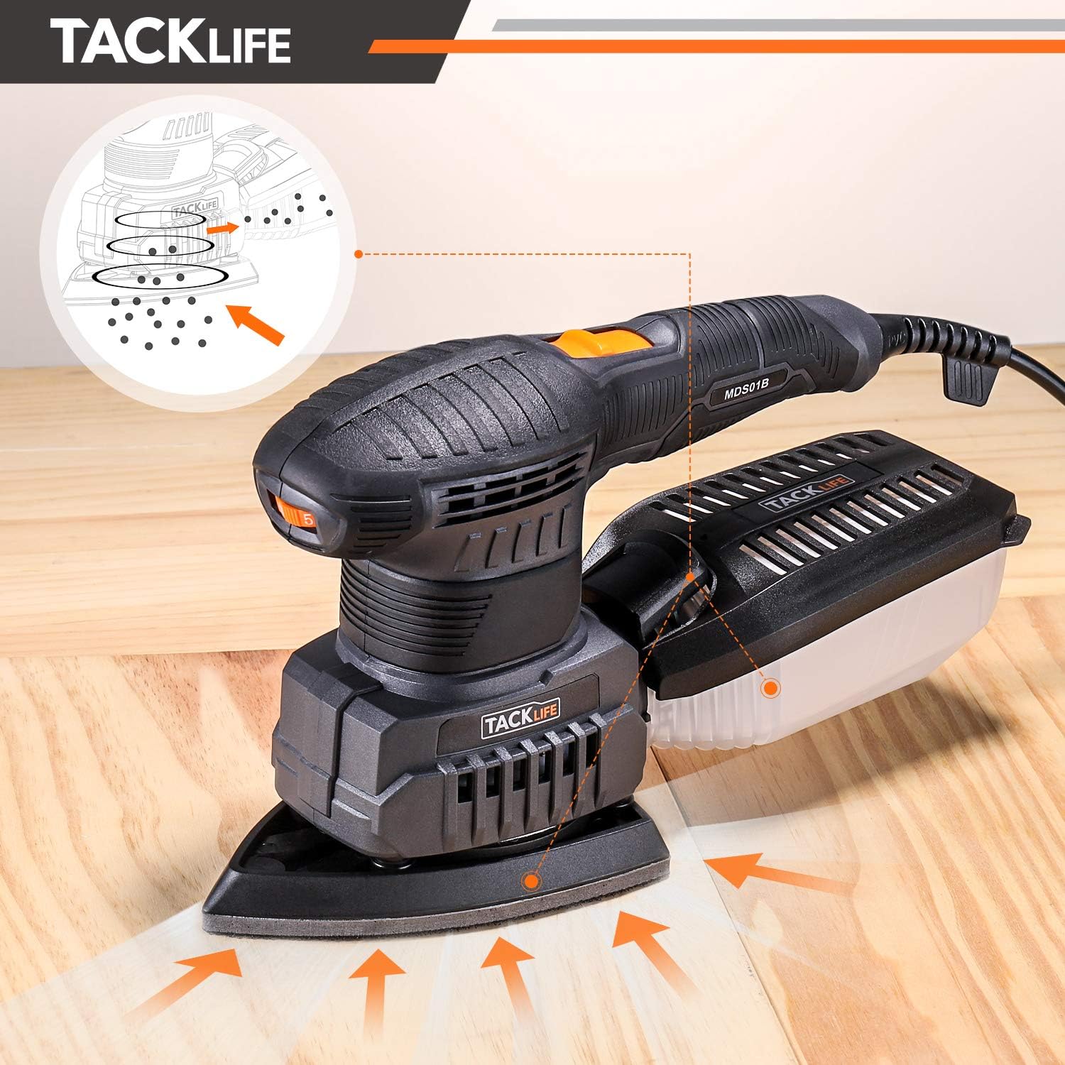 TACKLIFE 3 in 1 Electric Handheld Sander, Multifunction Sander with 15 Pcs Sandpapers 6 Variable Speeds 7000RPM-12000RPM, Efficient Dust Collection System Power Sander Machine DIY-MDS01B - - 