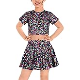 Happy Cherry Girls 2 Piece Sequin Crop Top and Skirt Set Full Prints Dot Shiny Disco Outfit Set 3-13Y