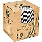 [500 Counts] Chunspak 5.75 inch Eco-friendly Disposable Short Paper Drinking Straws Bulk for Cocktail, Mixed Drinks - Black White Striped