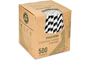 [500 Counts] Chunspak 5.75 inch Eco-friendly Disposable Short Paper Drinking Straws Bulk for Cocktail, Mixed Drinks - Black White Striped