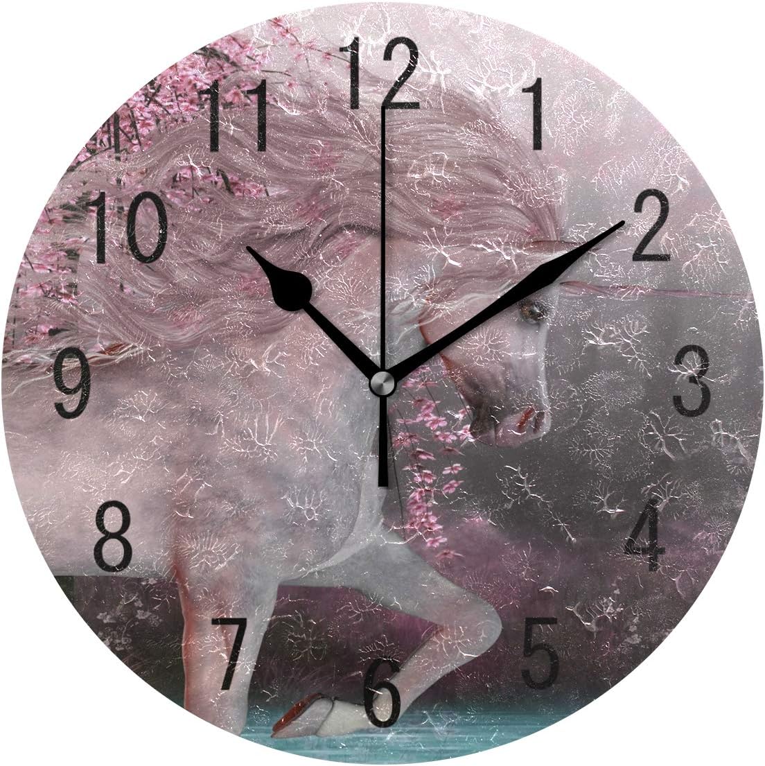 Domoko Home Decor Pink Cherry Blossom Unicorn Spring Round Acrylic Wall Clock Non Ticking Silent Clock Art for Living Room Kitchen Bedroom