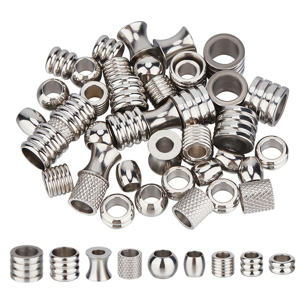UNICRAFTALE 54Pcs 9 Style Hair Large Hole Beads Parachute Cord Bead Stainless Steel Column Bead Groove Spacer Lanyard Beads for DIY Bracelet Necklace Jewelry Making