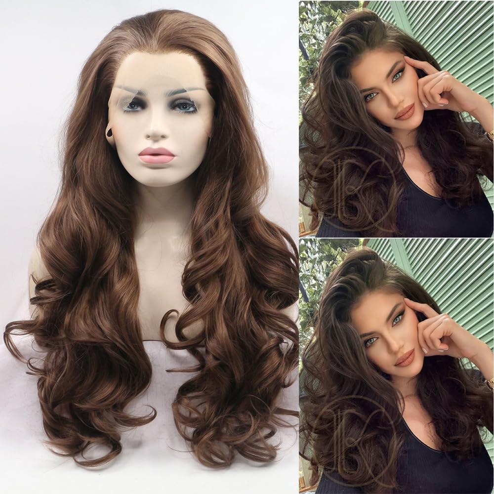 Xiweiya 6# Brown Wig Long Body Wave Synthetic Brunette Brown Lace Front Wigs Heat Resistant Middle Part 13x3 Lace Wigs Glueless Wig Natural Hairline Hair For Women Halloween Drag Queen 24inch