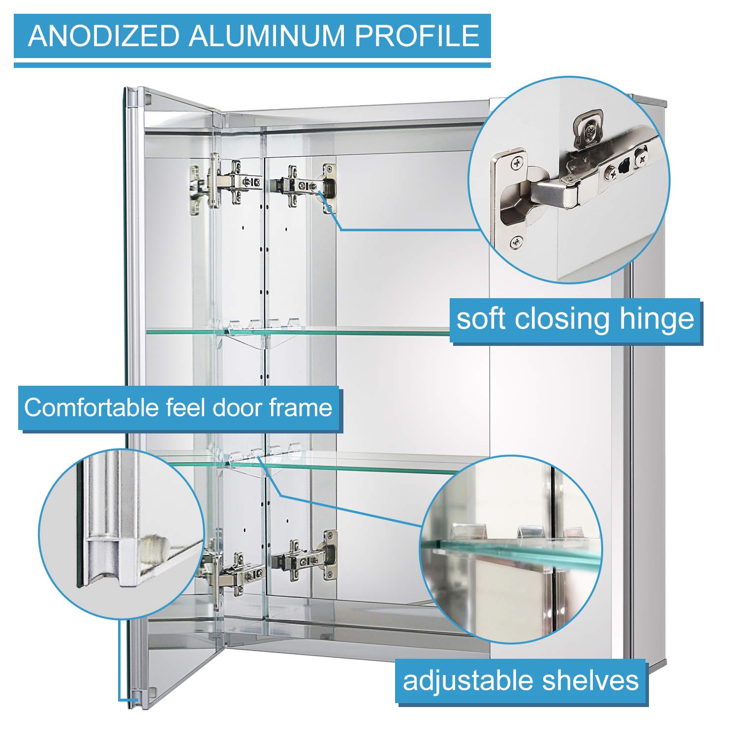 Fundin Bathroom Wall Mount Cabinet with Two Glass Shelves, 20 x 24 Inch Recess or Surface Mount Medicine Cabinet, Frameless Mirror Door Cabinet
