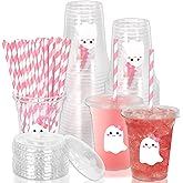 Whaline 50Pcs Halloween Disposable Plastic Cups with Lids and Straws Cute Pink White Ghost Cold Beverage Drinking Cups for Trick or Treat Birthday Party Supplies