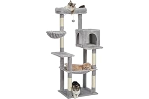 PETEPELA Cat Tree for Large Cats, 56.3" Multi-Level Cat Tower with Sisal Scratching Posts, Super Large Hammock(20"x17") and Top Cat Perch for Heavy Cats,Grey