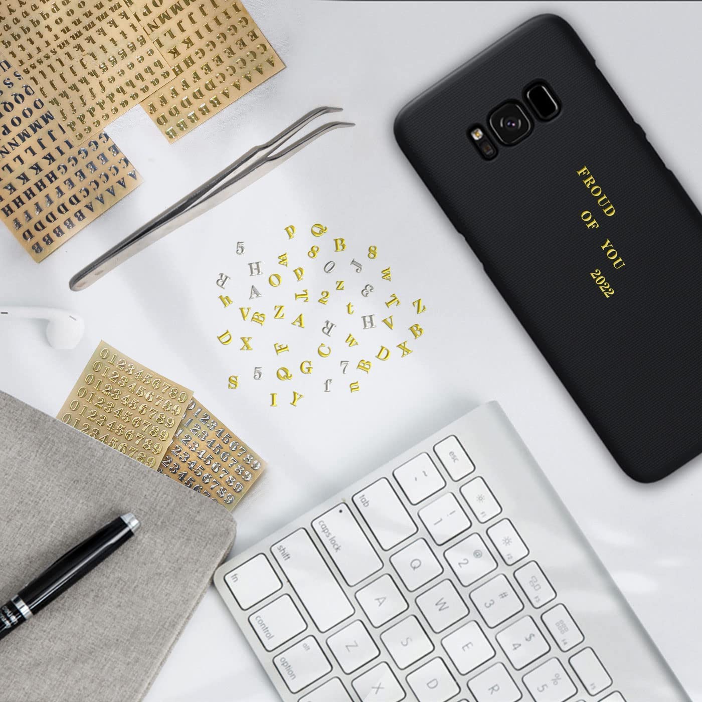 18 Sheets Mini Gold/Silver Letter Stickers for Nail Art, Epoxy Resin Crafts, Glitter Self-Adhesive DIY Scrapbook Stickers with Tweezers