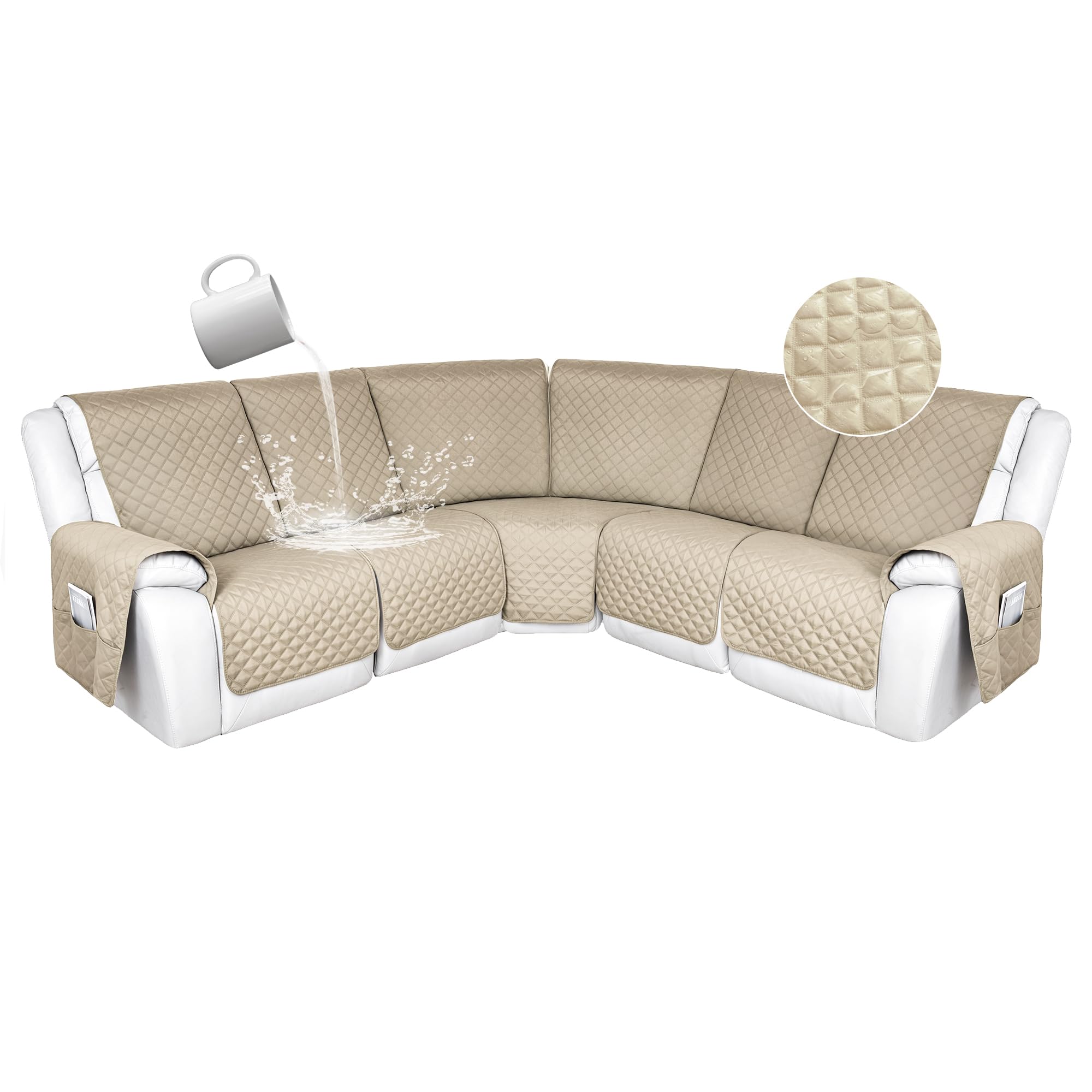Photo 1 of HDCAXKJ 100% Waterproof Reclining Sectional Couch Covers L Shape Recliner Sofa Cover Washable Quilted Soft Pet Dog Corner Recliner Slipcovers with Pockets (5 Seat Recliner Couch, Beige)