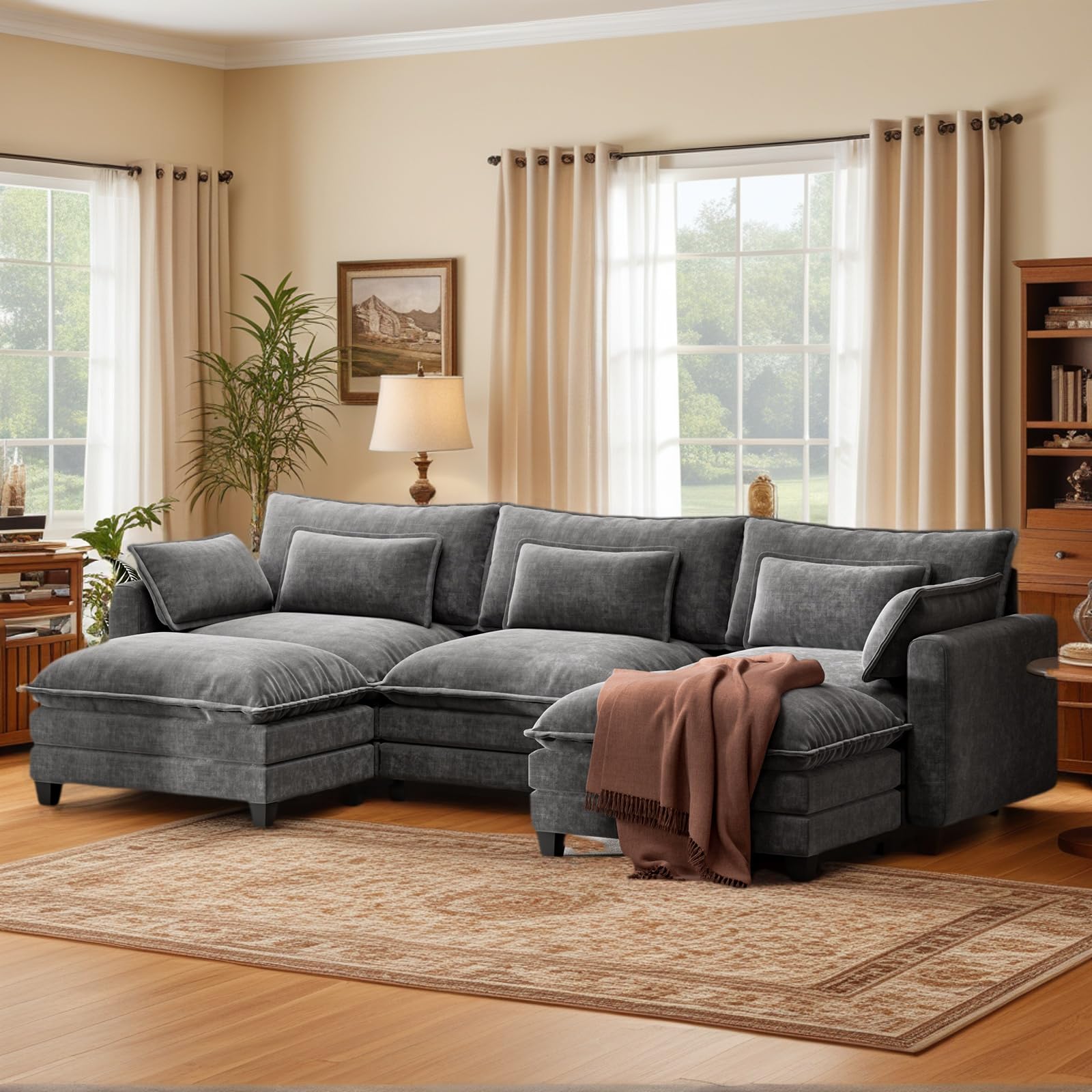 Photo 1 of ***PARTIAL SET*** Marsail Modular Sectional Sofa 110.6" U-Shaped Modern Comfy Cloud Couch, 5-Seat Chenille Deep Seat Sofa with Throw Pillow & Movable Ottoman for Living Room, Bedroom and Apartment, Charcoal Gray