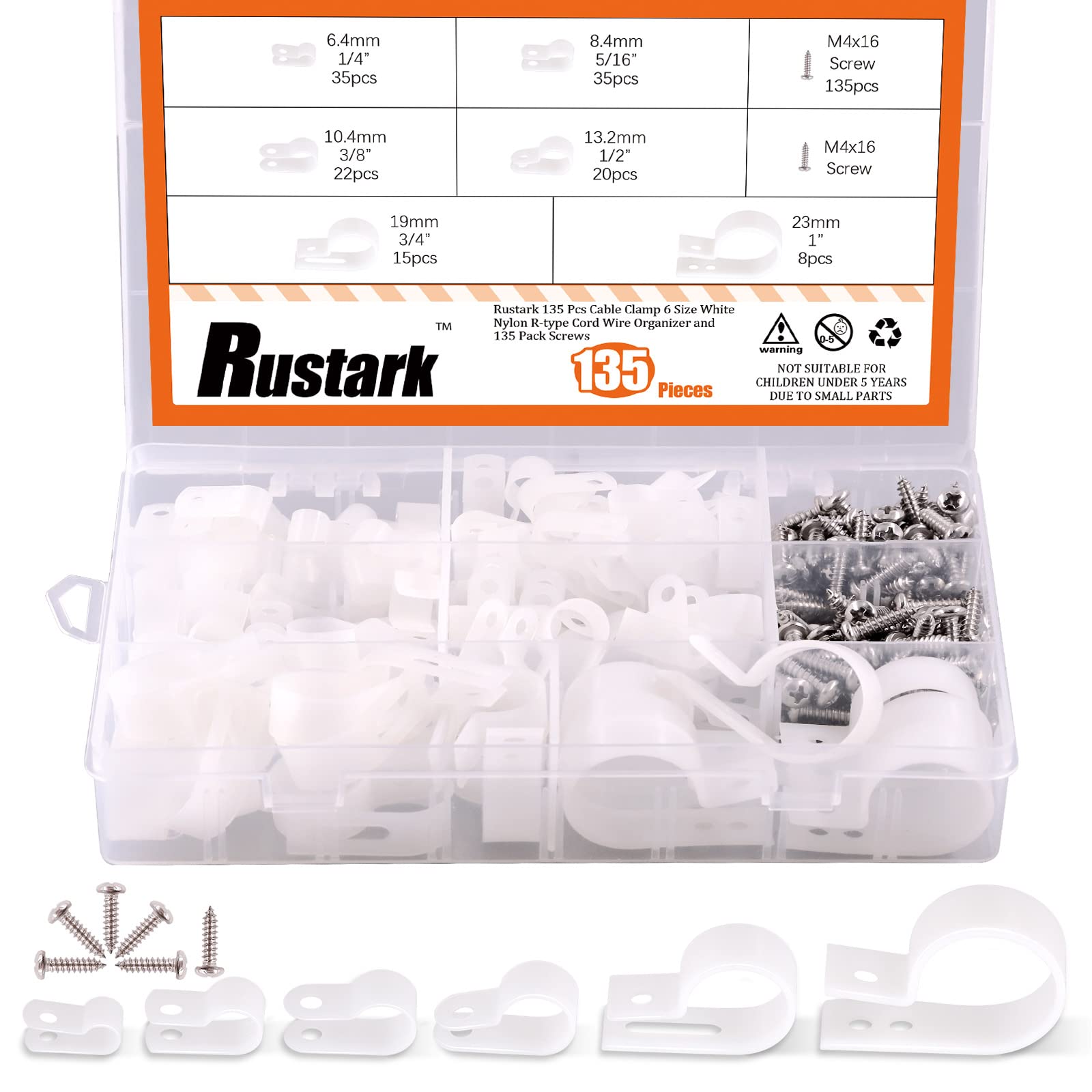 Rustark 135 Pcs Cable Clamp 6 Size White Nylon R-Type Cord Wire Organizer Clips Fasteners Assortment kit with 135 Pack Screws for Wire Management
