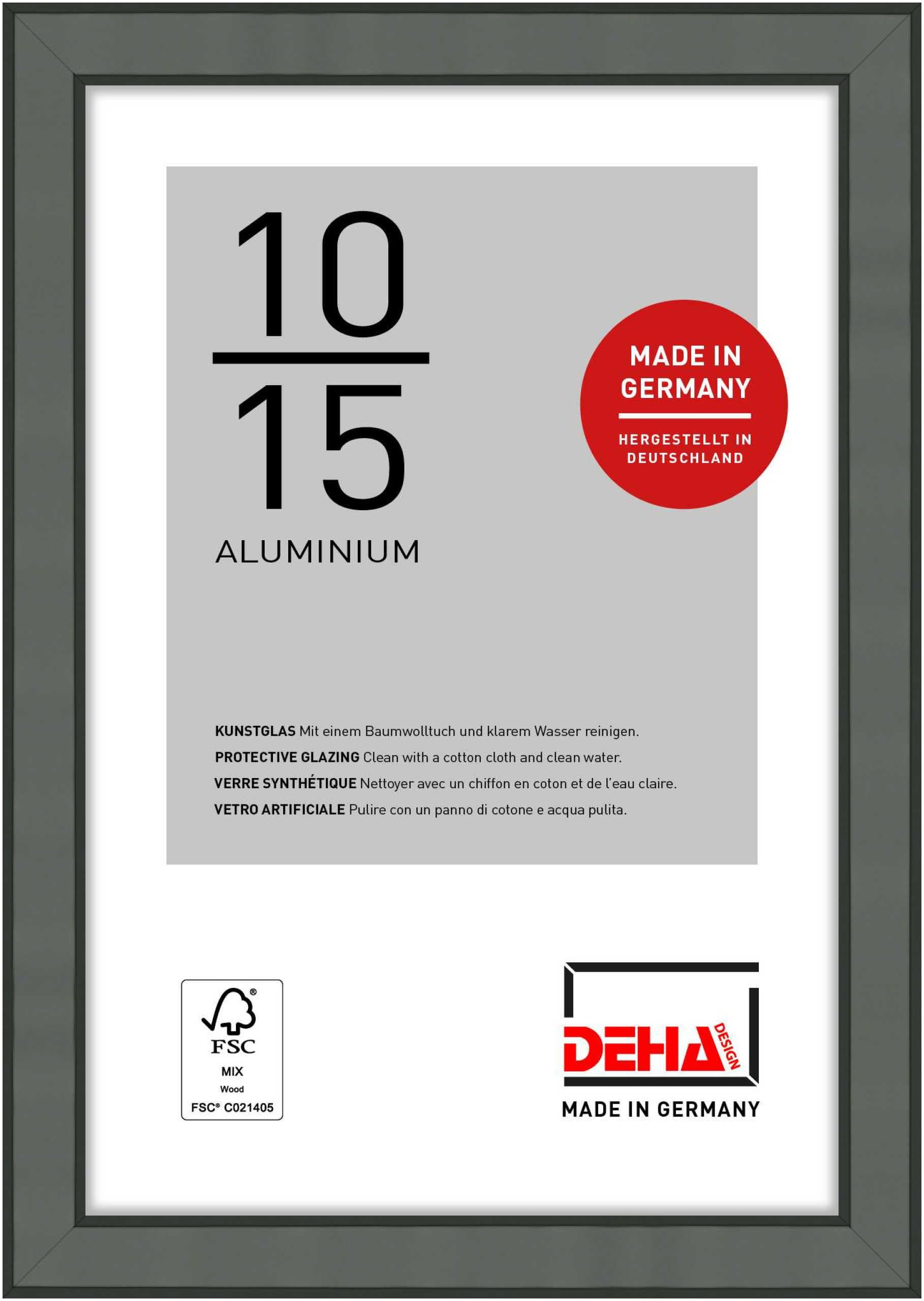 DEHA Design Boston Aluminium Picture Frame - 10x15 cm (4x6 in) – Grey - with Synthetic Glass and Push/Turn Clips