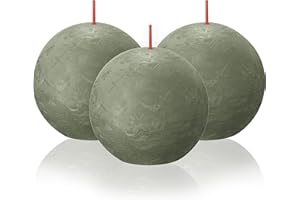 BOLSIUS 3 Pack Fresh Olive Rustic Ball Pillar Candles - 3 Inch - Premium European Quality - Includes Natural Plant-Based Wax - Unscented Dripless Smokeless 25 Hour Party Décor and Wedding Candles
