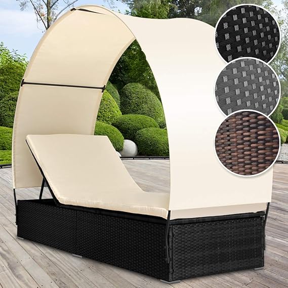 Rattan Sonnenliege mit Abnehmbaren Dach | Farbwahl, 196 cm Liegefläche, 4-fach Höhenverstellbar | Polyrattan Gartenliege, Rat
