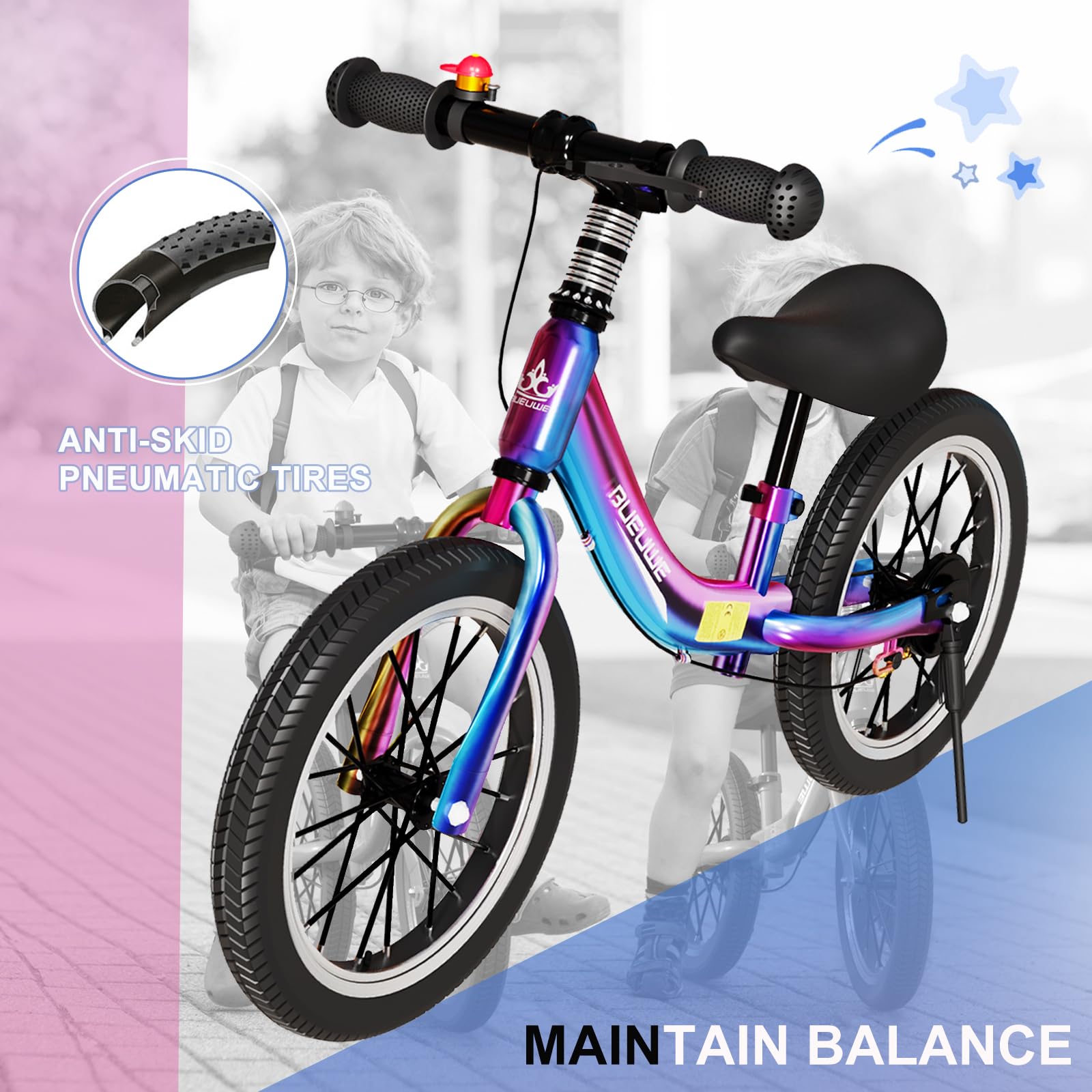 16 inch Balance Bike 4 5 6 7 8 Year Old Boys Girls,No Pedal Training Bicycle with Brakes and Kickstand,Outdoor Sports Birthday Gift