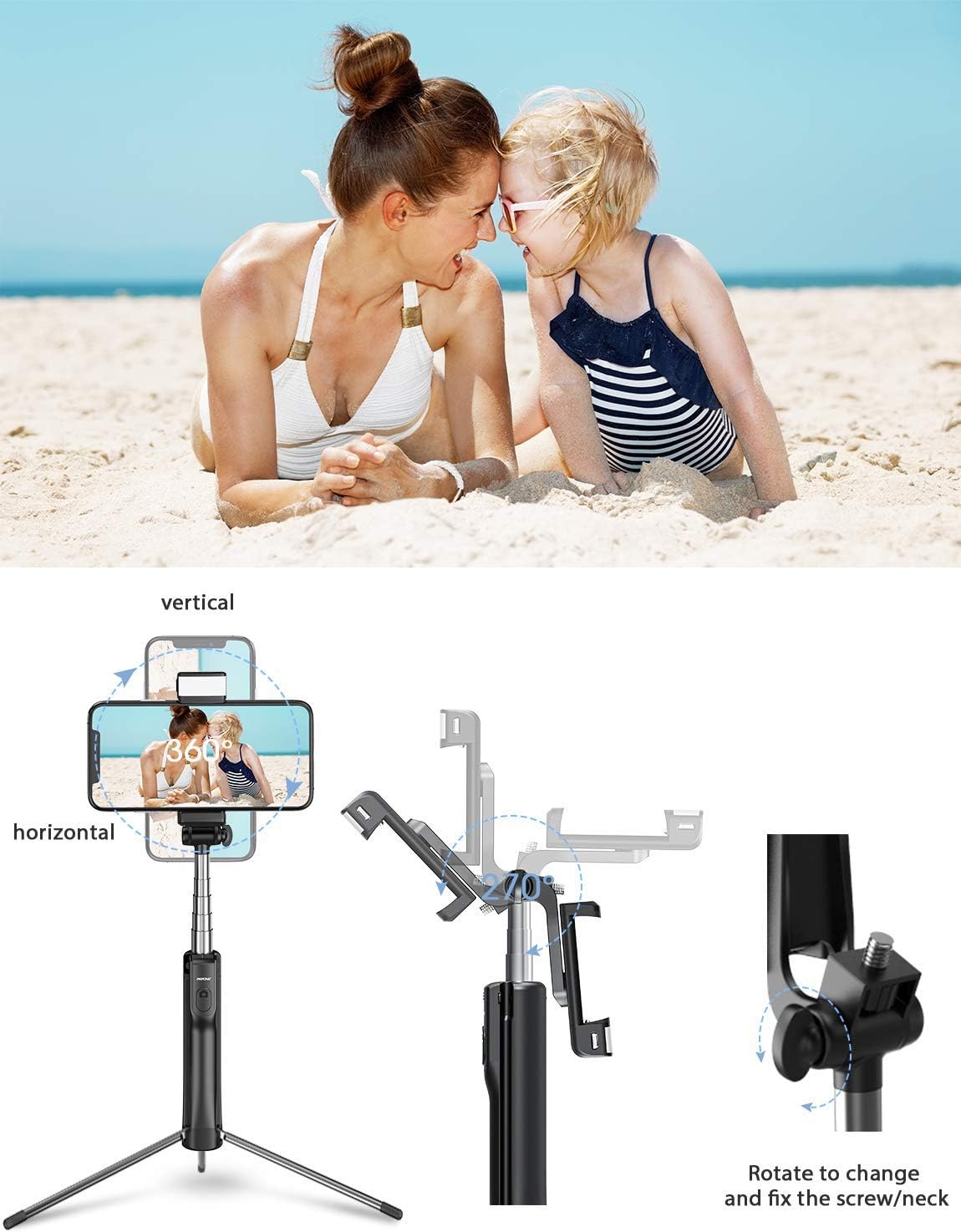 Mpow Selfie Stick Tripod, All in 1 Portable Extendable Selfie Stick with Bluetooth Remote & Fill Light, Compatible iPhone 11/11PRO/XS Max/XS/XR/X/8P/7P, Galaxy S20/S10/S9/S8 Gopro/Small Camera, Black