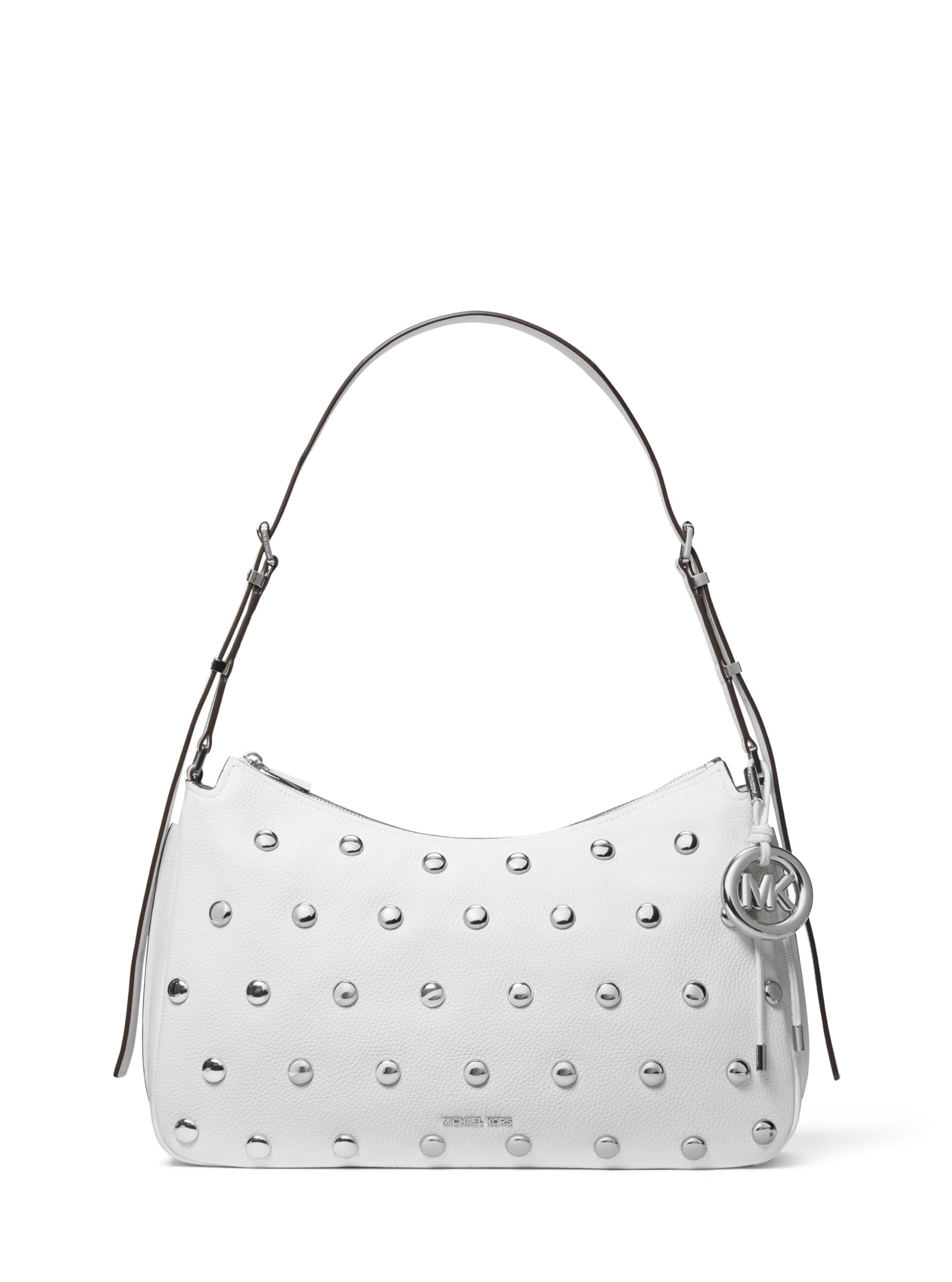 Michael Kors Nolita Medium Top Zip Convertible Shoulder, Silver-Tone Hardware/Matte Pebbled Leather w/Dome Studs/Optic White