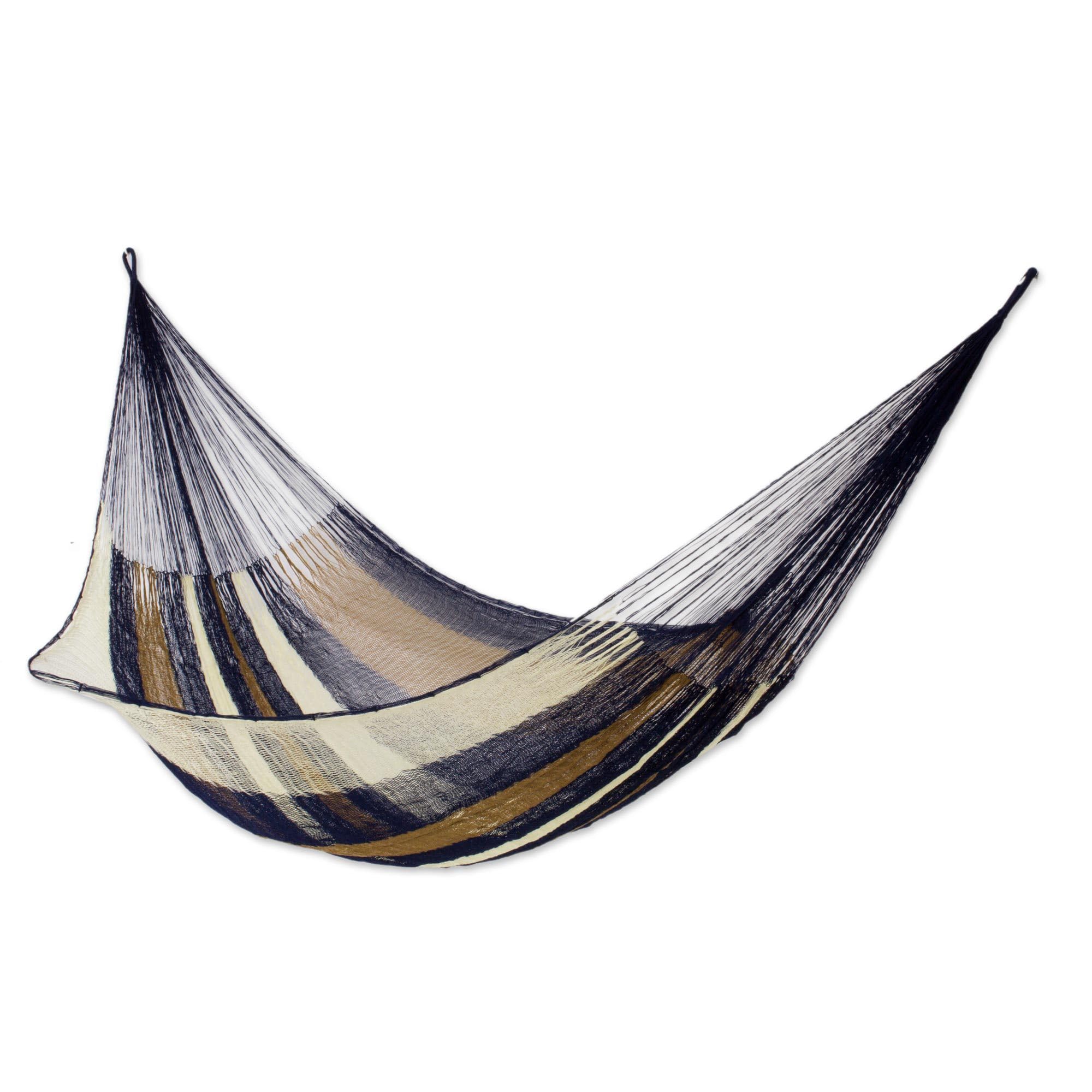 NOVICA Earthtone Brown Striped Nylon Hand Woven Mayan Rope 2 Person XL Hammock, Atlantis' (Double)