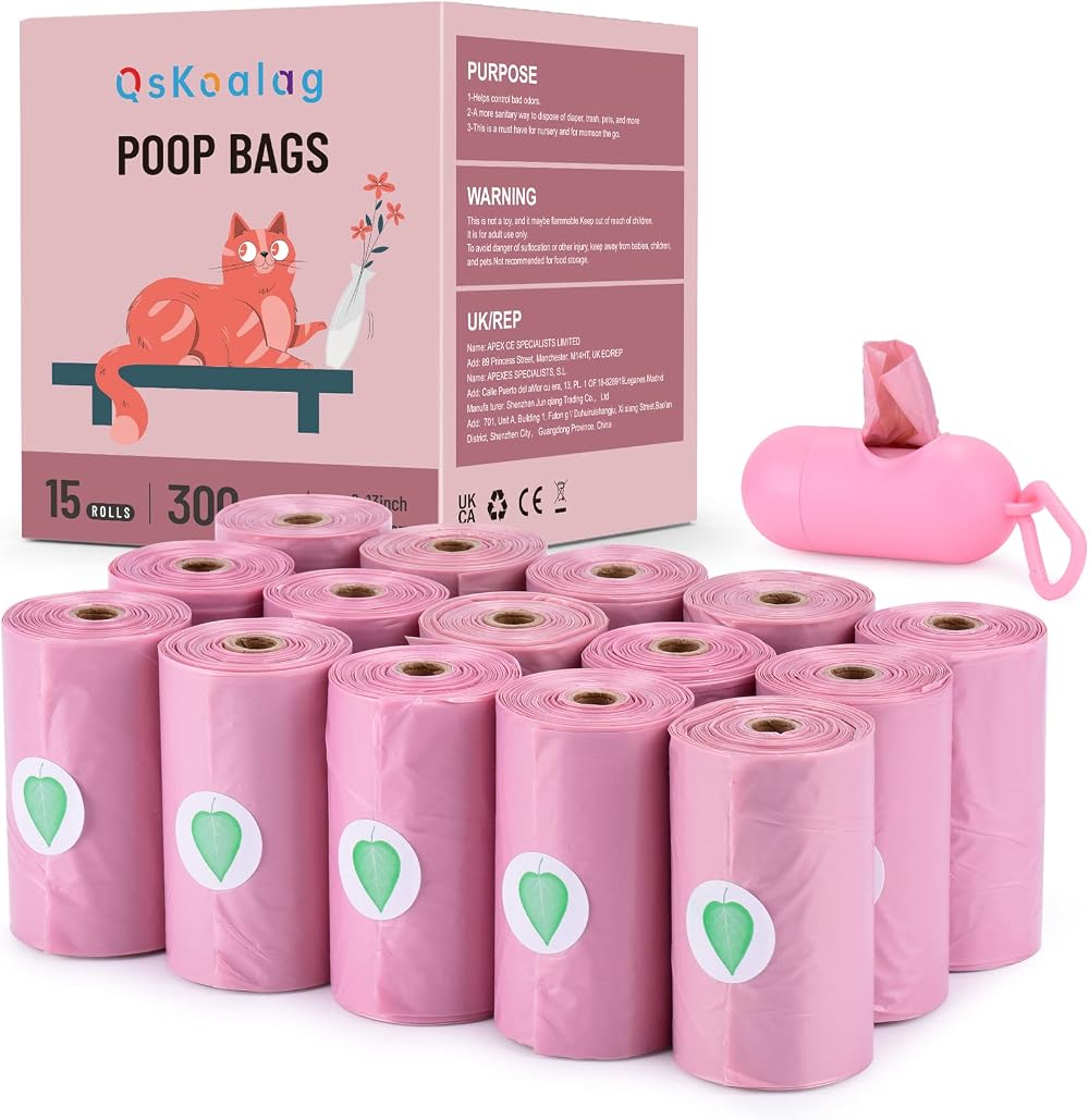 Nineaccy Biodegradable Pink Dog Poo Bags with Lavender Scent Dispenser 300