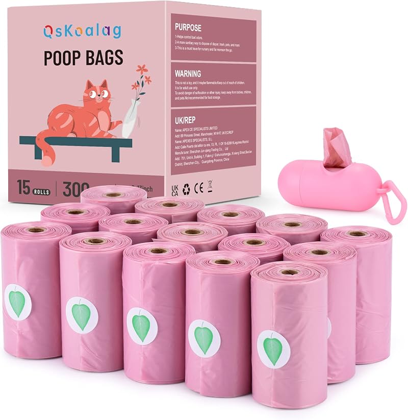 Nineaccy Biodegradable Pink Dog Poo Bags with Lavender Scent Dispenser 300