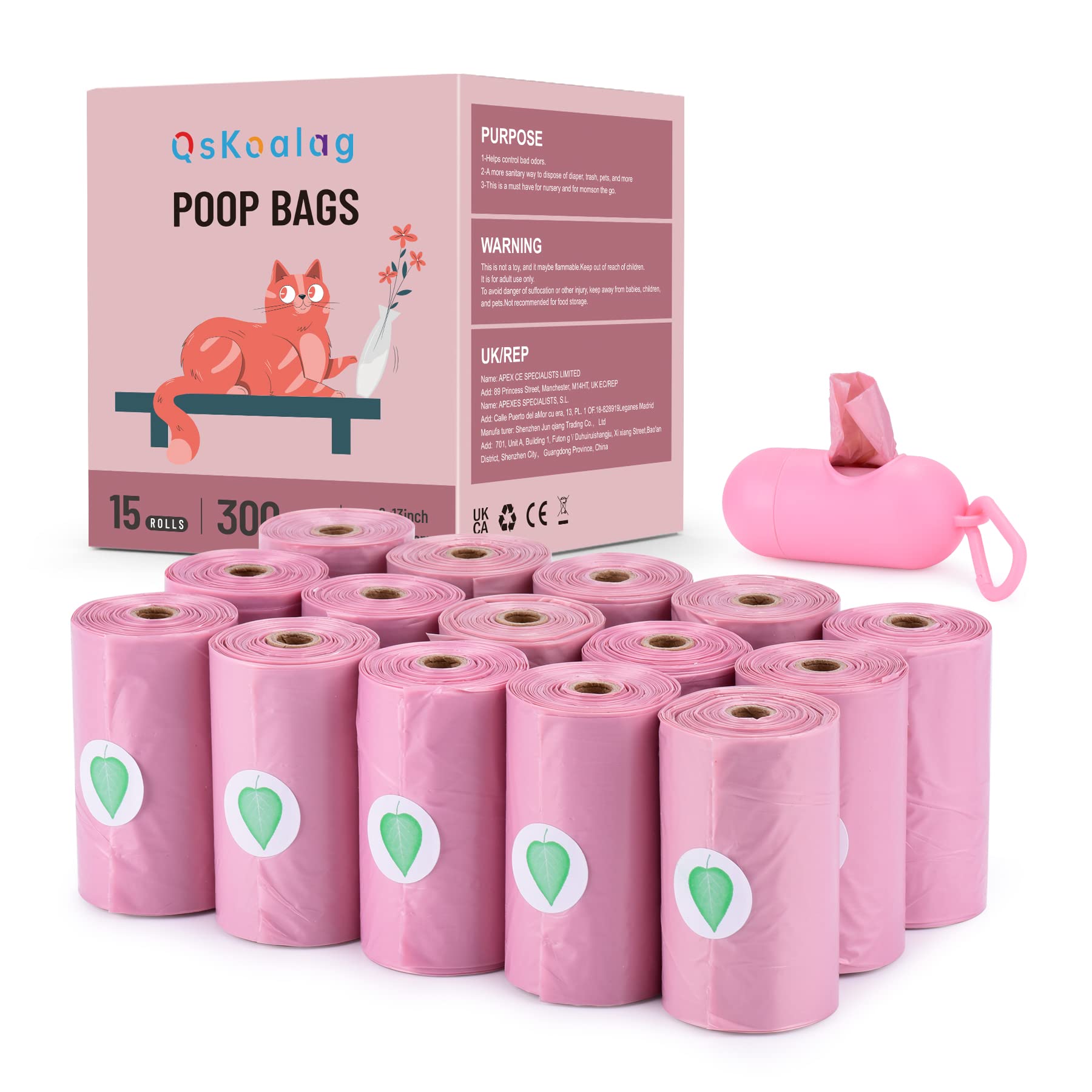 Nineaccy Biodegradable Pink Dog Poo Bags Lavender scent with Dispenser - 300 Large Poop Bags, Extra Thicken Strong Corn Starch Blended Compostable Leak Proof Poop Waste Bag for Dogs