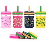 Sursip Toddler Glass Cups with Straw, Spill-Proof Kids Mason Jar Food Storage with Lids, Sippy Cups for Drinks, Smoothies, Snacks, Milk Cup [4 Pack] 8 oz 2-in-1