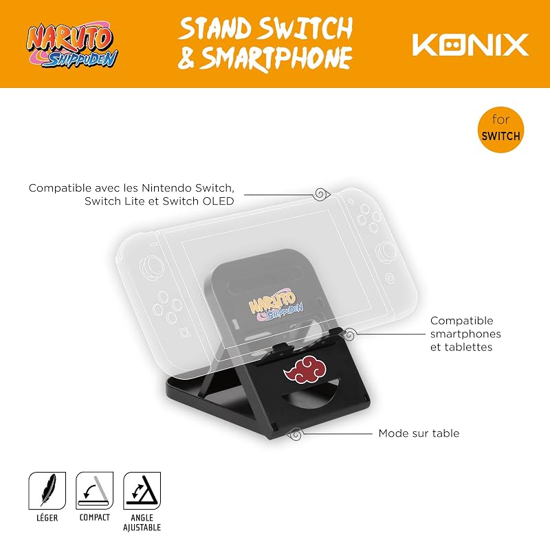 Naruto Shippuden Soporte para Nintendo Switch, Switch 2, Smartphones y tabletas - Posición Ajustable - Diseño Akatsuki - Negro y Rojo