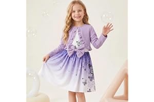 Girls Dress Set Outfit Sleeveless Crew Neck Butterfly Bow A Line Dress with Long Sleeve Cardigan for Party School