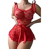 Avidlove Bow Lingerie for Women Sexy Heart Sheer Mesh Lace Bodysuit See Through Lingerie Babydoll with Belt